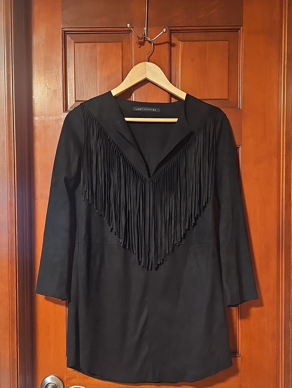 Zara Black Fringe Suede-Style Shirt-Dress-Jacket